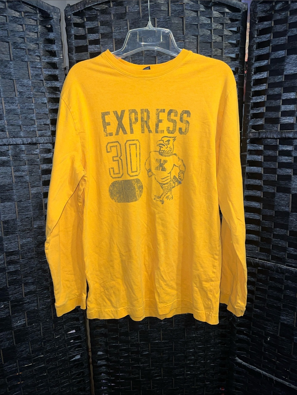 Express Yellow Long Sleeve Graphic Tee with Vintage Print mens size small